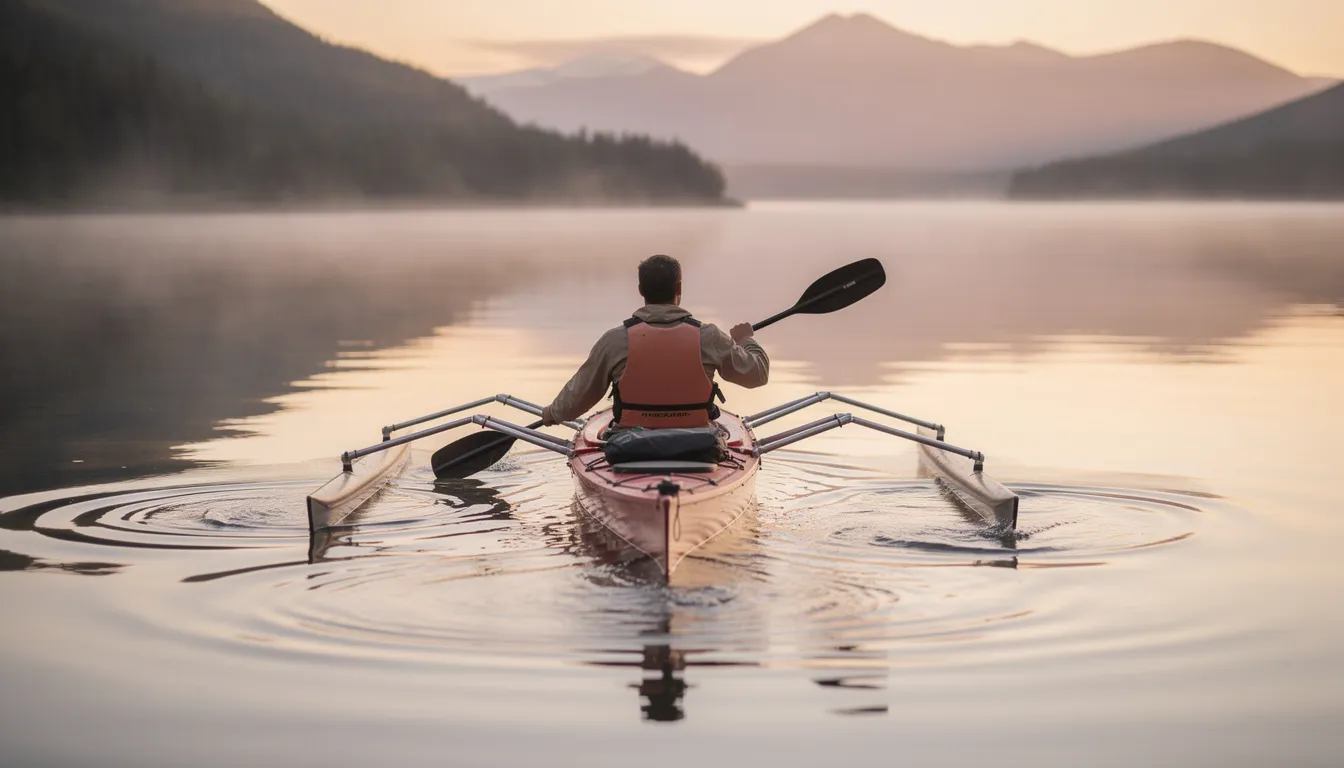 A kayaker is peacefully paddling on a calm lake, with inflatable kayak outriggers installed on each side of the vessel, providing extra stability and balance. The tranquil water reflects the serene surroundings, enhancing the sense of relaxation in the scene.