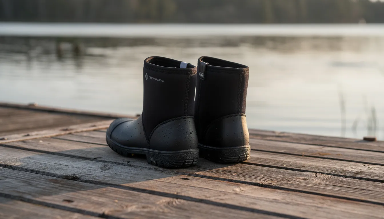 A pair of neoprene kayak boots is drying on a wooden dock next to a serene lake, showcasing their snug fit and rubber soles designed for good traction on slick surfaces. These paddling shoes are perfect for keeping feet warm and dry while navigating wet rocks and cold water.