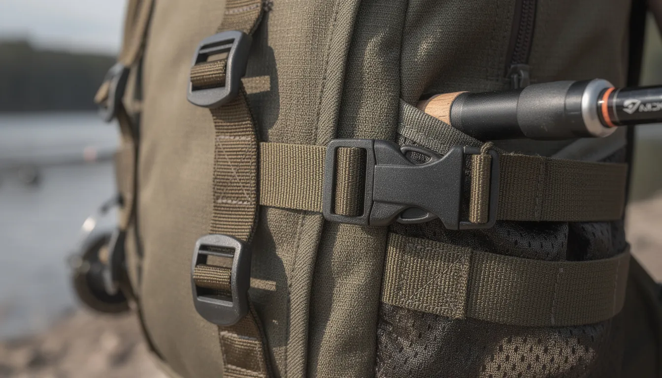 A close-up view showcases the adjustable rod holder straps on the side of a durable fishing backpack, designed for convenient carrying of fishing rods and tackle. The straps ensure secure transport of fishing gear, making it an essential feature for avid anglers.