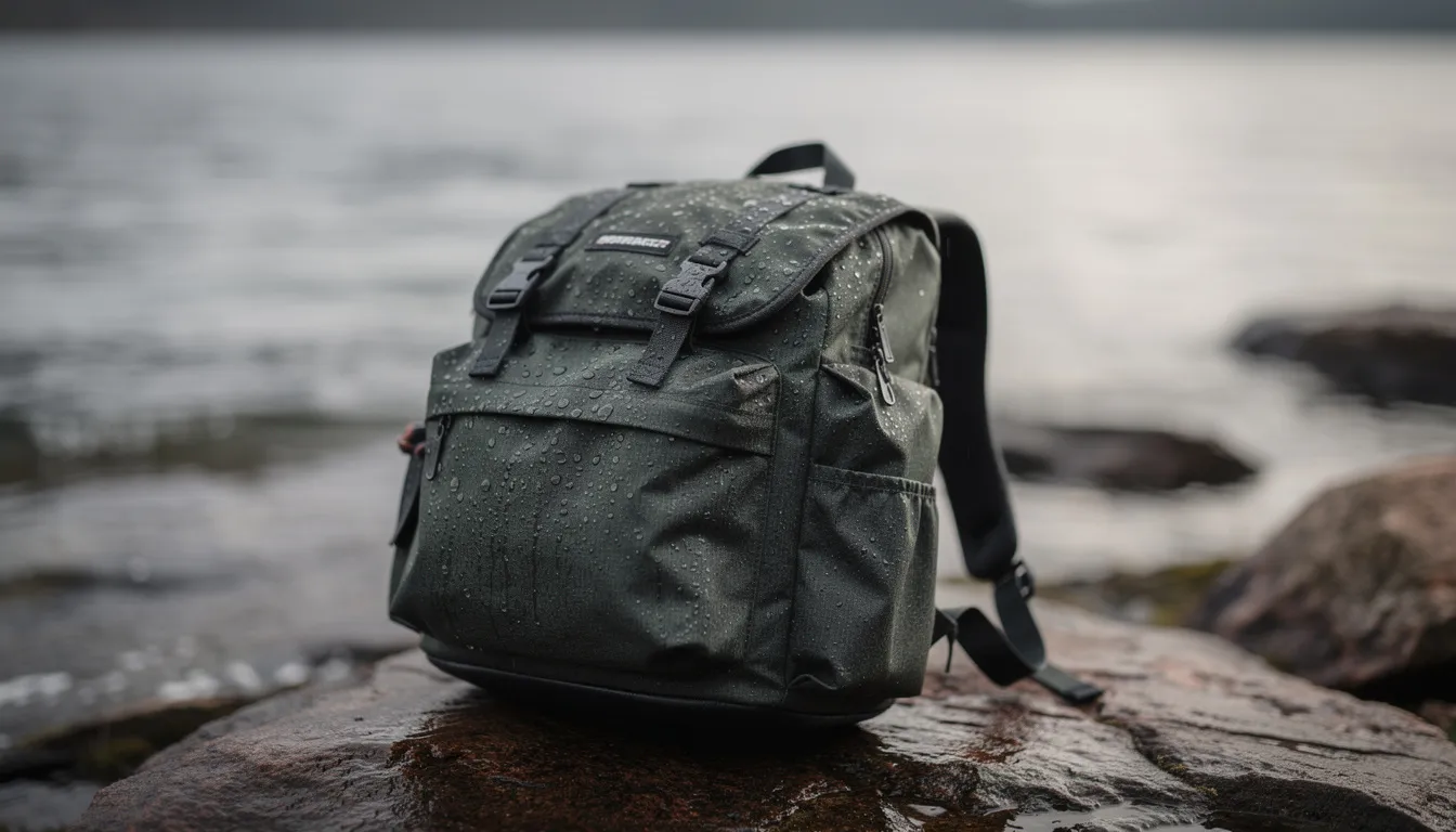 A fishing backpack with rod holder sits on a rocky shoreline, its fabric glistening with water droplets, showcasing its water-resistant features. This durable fishing tackle backpack is designed for organizing essential fishing gear, making it perfect for outdoor adventures.
