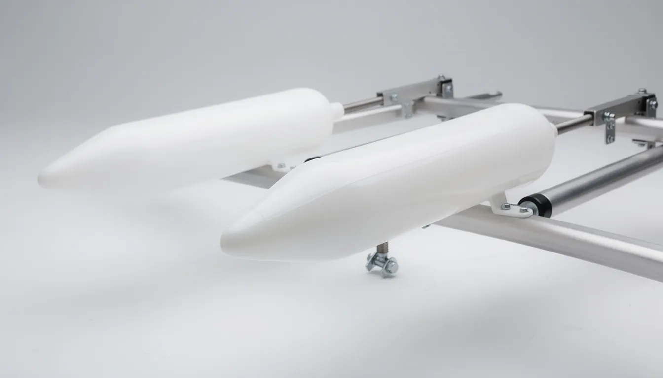 The image shows a close-up view of torpedo-shaped hard polyethylene outrigger floats securely mounted on lightweight aluminum arms, designed to add stability to a kayak. These kayak stabilizers enhance balance and safety, making them ideal for fishing kayaks and improving paddling technique on the water.