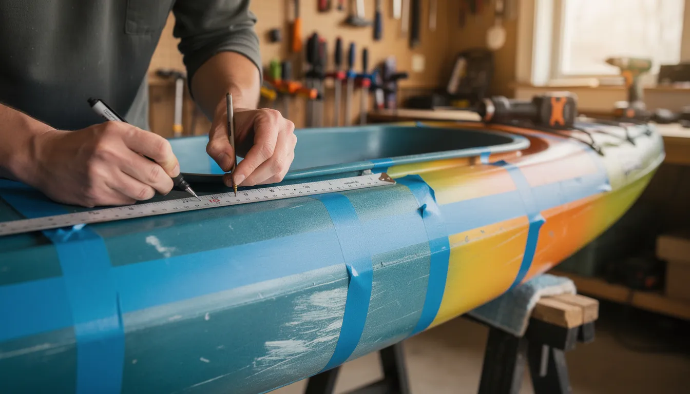 A person is carefully measuring and marking drill locations on the deck of a kayak using masking tape, preparing to install kayak outriggers for added stability. This installation aims to enhance the kayak's performance, making it more suitable for fishing and paddling on lakes.