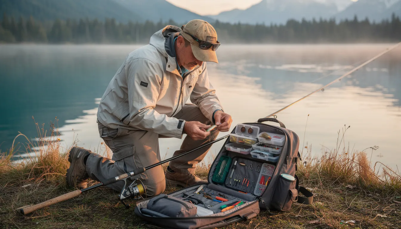 An angler is kneeling by a serene lake, adjusting their fishing tackle from an open fishing backpack equipped with a rod holder. The backpack features durable, water-resistant materials and organized compartments for easy access to fishing gear and tools.