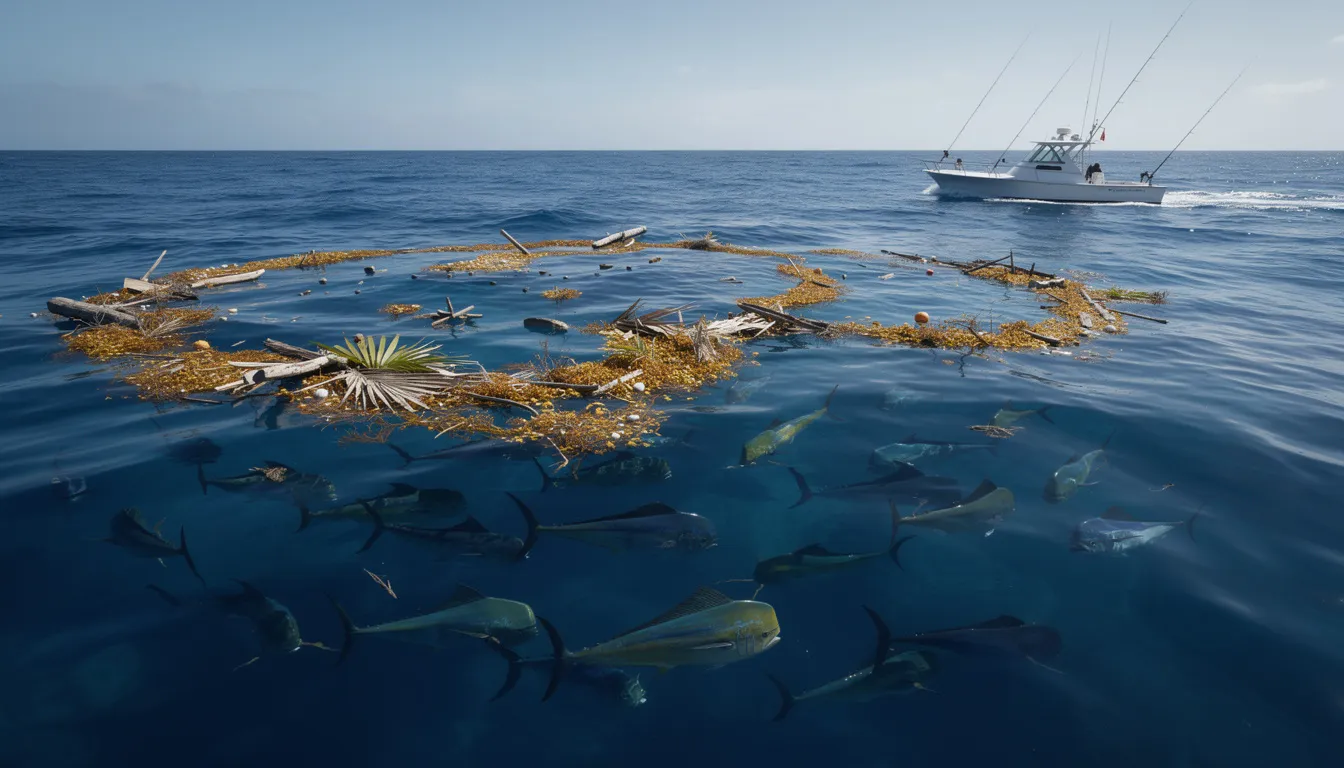 The image depicts a vibrant tropical offshore fishing scene in the Pacific Ocean, showcasing deep blue waters where pelagic fish, like the rainbow runner and Hawaiian salmon, gather around floating debris. The fish are characterized by their bright yellow stripe running along their bodies and brilliant purple shading, swimming in large schools among other species in the subtropical waters.