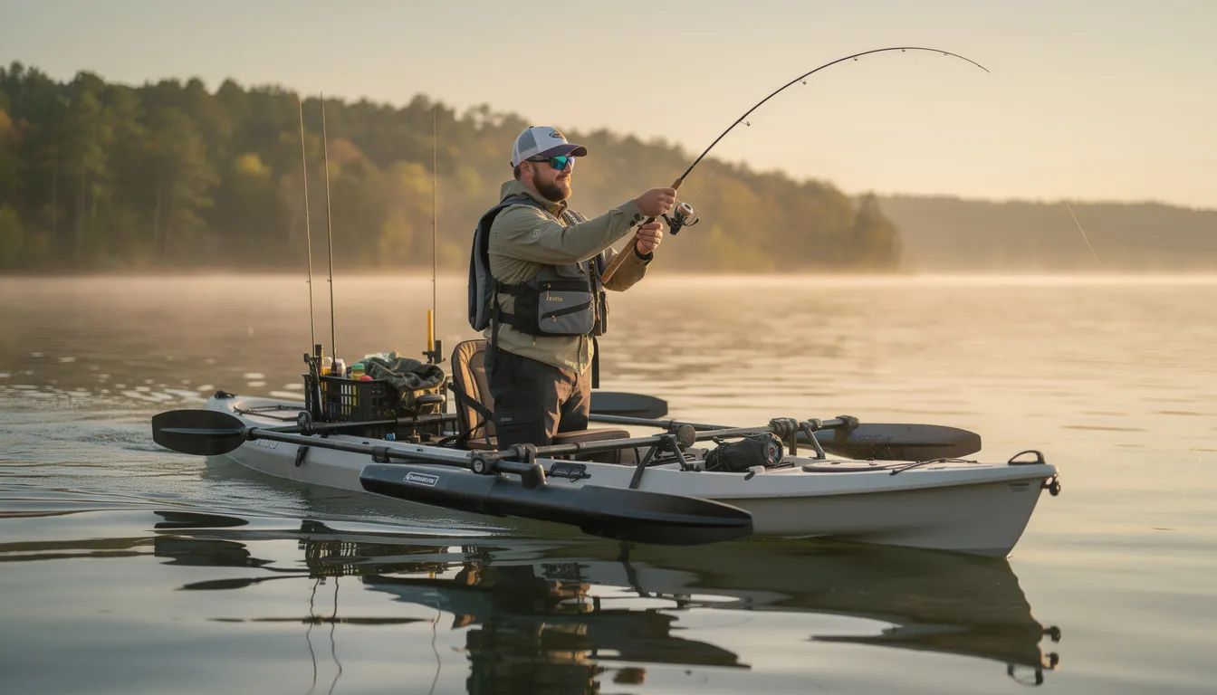A confident kayak angler stands upright on a fishing kayak equipped with inflatable outriggers, casting their line toward the shoreline. The outriggers, designed to add stability and prevent tipping, enhance the kayak's balance while fishing in the calm waters of the lake.