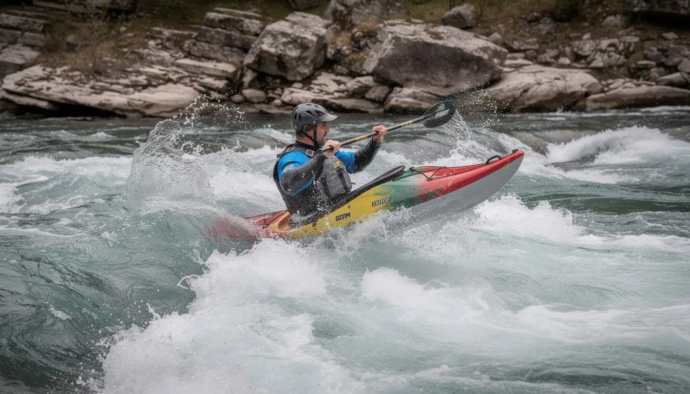 A kayaker is paddling through turbulent rapids, with water splashing around the boat, showcasing the thrill of kayaking on slick rocks and cold water. The kayaker is wearing appropriate footwear, likely designed for paddling, to ensure good traction and keep their feet warm and protected on wet surfaces.