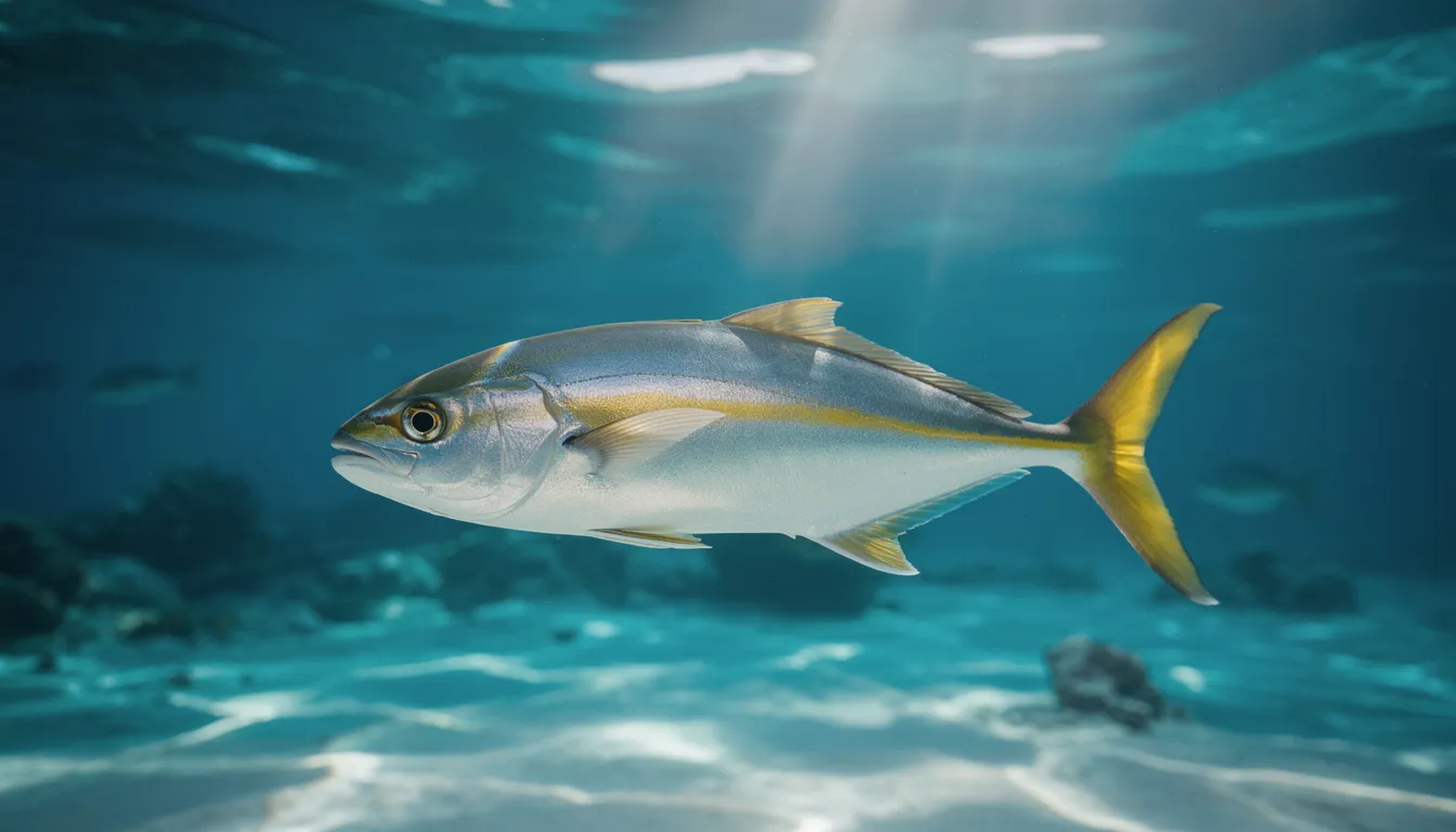 A sleek rainbow runner fish swims gracefully in clear blue tropical waters, showcasing its distinctive bright yellow stripe running along its body and brilliant purple shading on its fins. This small fish, part of the jack family, is known for its vibrant colors and is often found in subtropical waters worldwide.