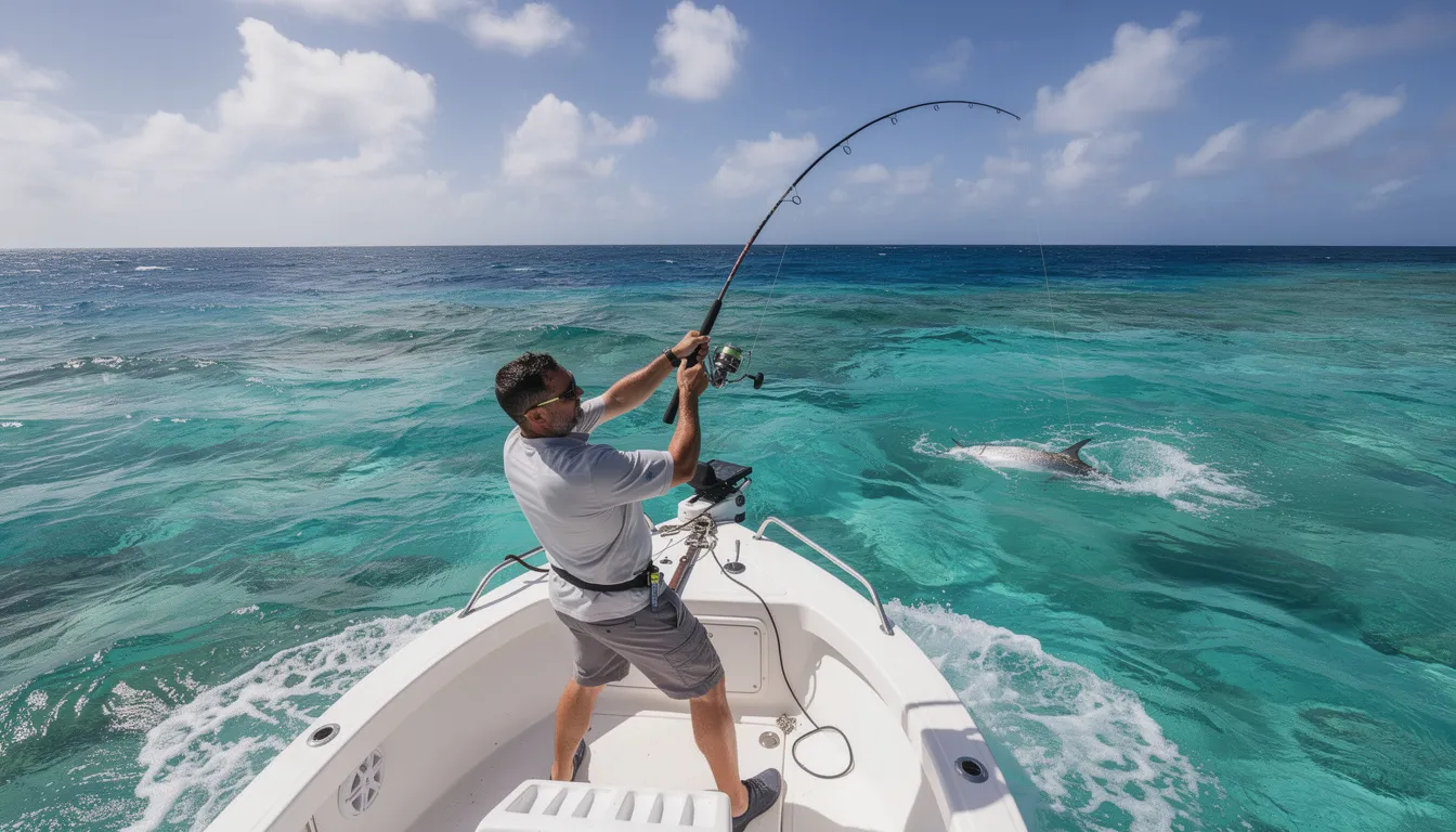 An angler is battling a large fish on a boat, using medium spinning tackle against the backdrop of the vibrant tropical ocean. The fish, likely a rainbow runner or a species from the jack family, displays brilliant purple shading and a bright yellow stripe running along its body, showcasing its striking colors as it pulls hard against the line.