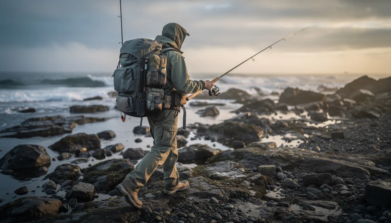 An angler is walking along a rocky shoreline, carrying a durable fishing backpack with a rod holder secured to the side, fully equipped with essential fishing gear and tackle for the day. The backpack features quick access compartments and is designed for convenience and protection while navigating the rough terrain.