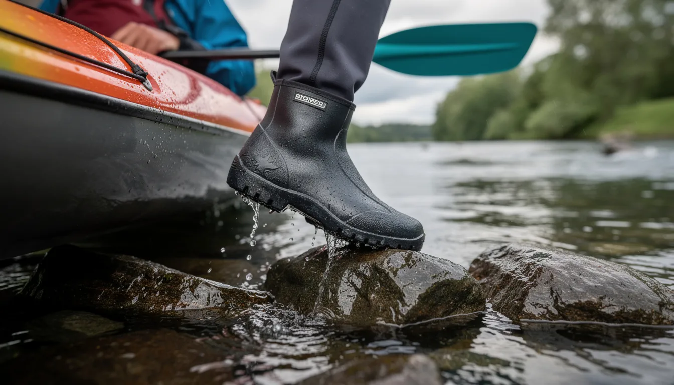 A kayaker is captured in a close-up as they step from their kayak onto slick, wet rocks along the riverside, showcasing their footwear designed for paddling. The image highlights the importance of wearing the right shoes for kayaking, such as water shoes or neoprene booties, to ensure good traction and protection on slippery surfaces.